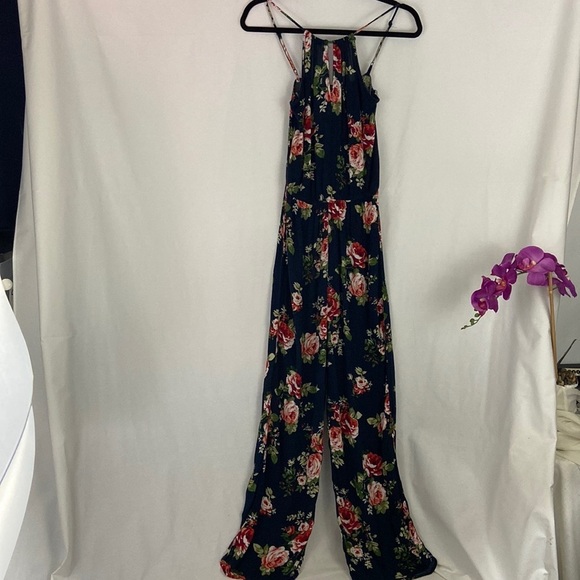 Ambiance Navy Blue Floral Print Sleeveless Jumpsuit Size Small - Picture 1 of 8
